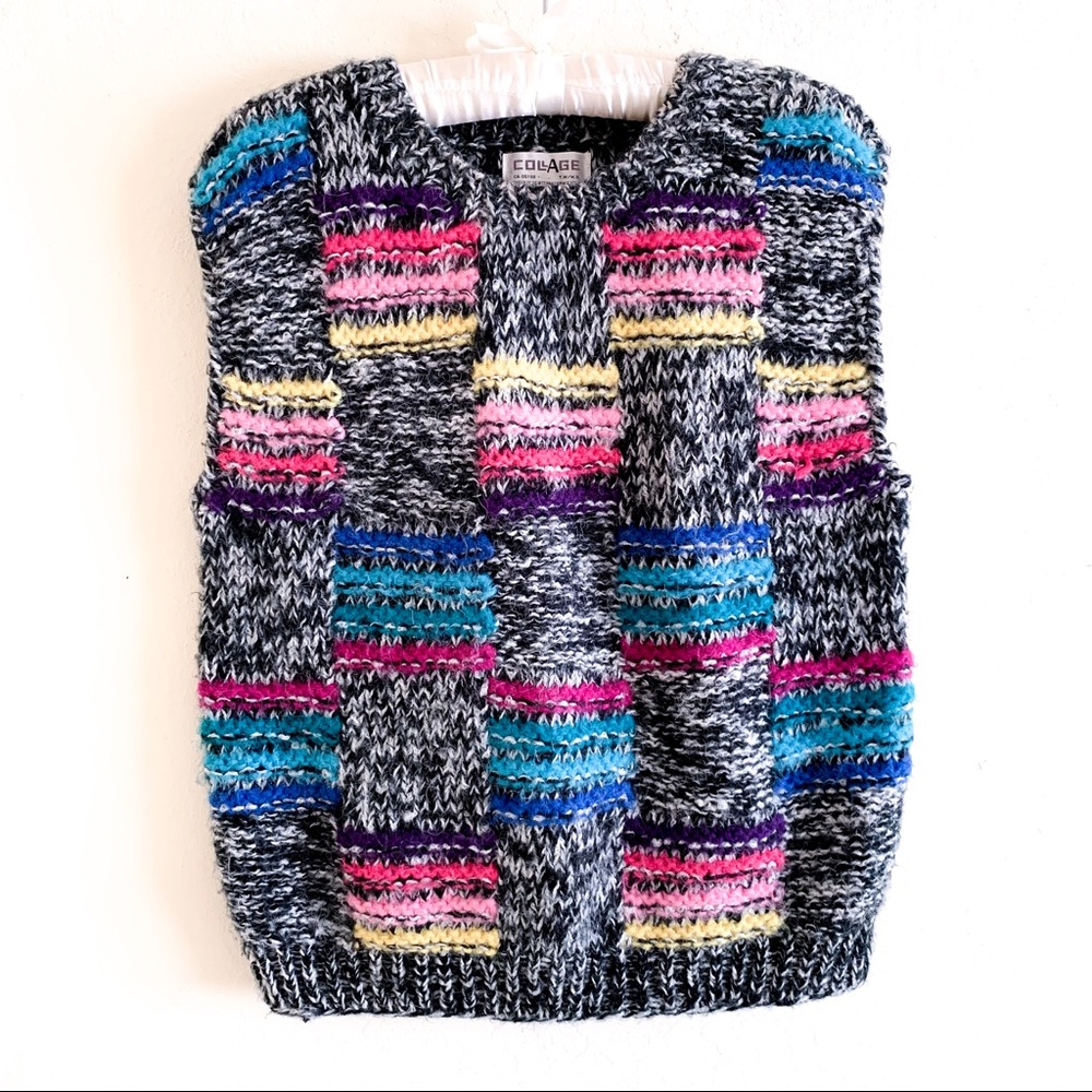 Vintage 80’s Collage Colorful Multicolor Heather Gray Chunky Knit Sweater Vest M